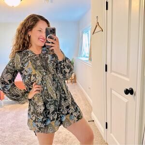 Free People Green Floral Lace Front Long Sleeve Mini Dress Small